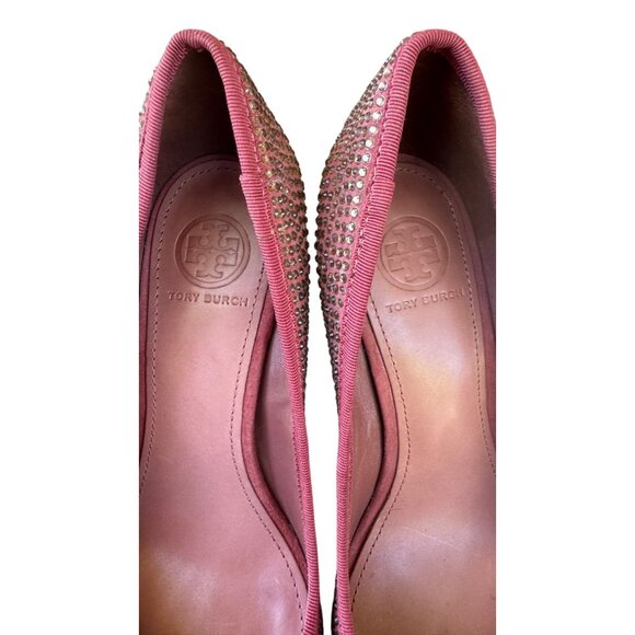 Tory Burch Phoenix Charm Logo Pumps Size 6.5 Pave Crystal Conceria Cameo Shoes - Picture 12 of 14